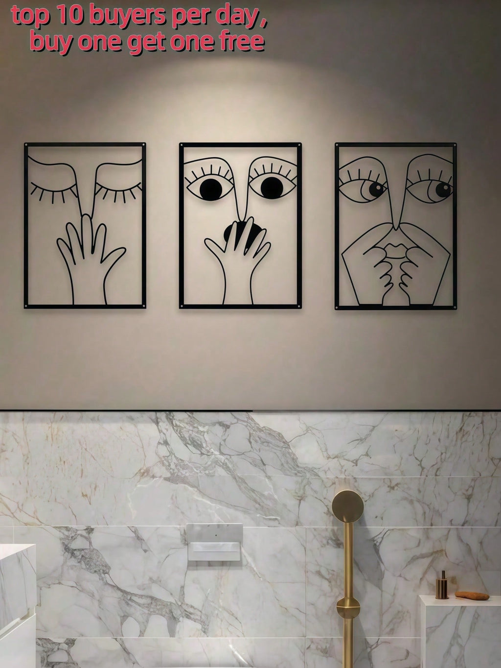 3-Pack fun clip-nose metal wall hanging artwork, elegant and minimalist abstract facial line art, humorous wrought iron wall hanging suitable for guest bathroom, home toilet, bed and breakfast and hotel decoration, Valentine's Day, Christmas