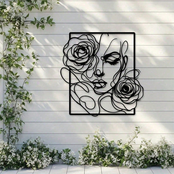 1 piece of stylish black metal wall decoration, with simple lines to outline the pattern of women's side faces and roses, perfectly embellish modern homes, salons and wedding venues. Waterproof, rust-proof, anti-fading, long-lasting elegance.