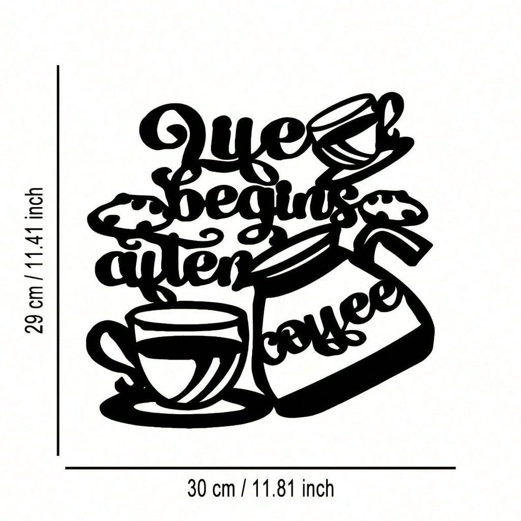 A carefully crafted "Life Begins with Coffee" sculptural metal wall-mounted decoration, an elegantly designed wall artwork, perfect for coffee lovers and home decor