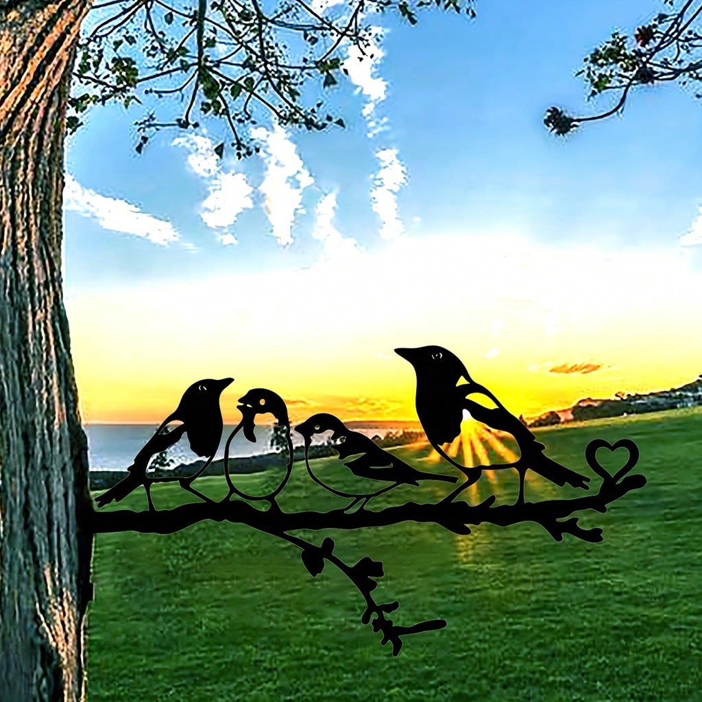 Four Birds On Branch Steel Silhouette Metal Wall Art Home Garden Yard Patio Outdoor Statue Stake Decoration Perfect Secondary image