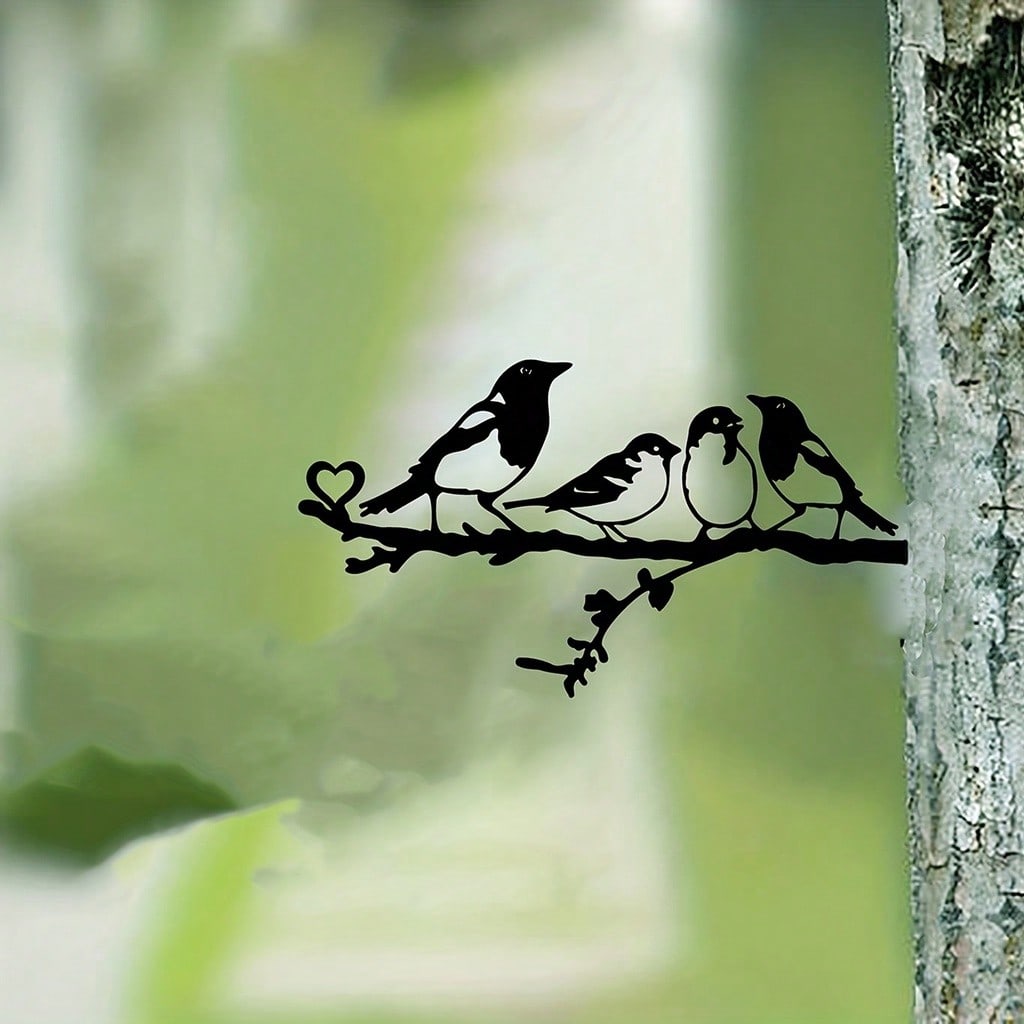 Four Birds On Branch Steel Silhouette Metal Wall Art Home Garden Yard Patio Outdoor Statue Stake Decoration Perfect
