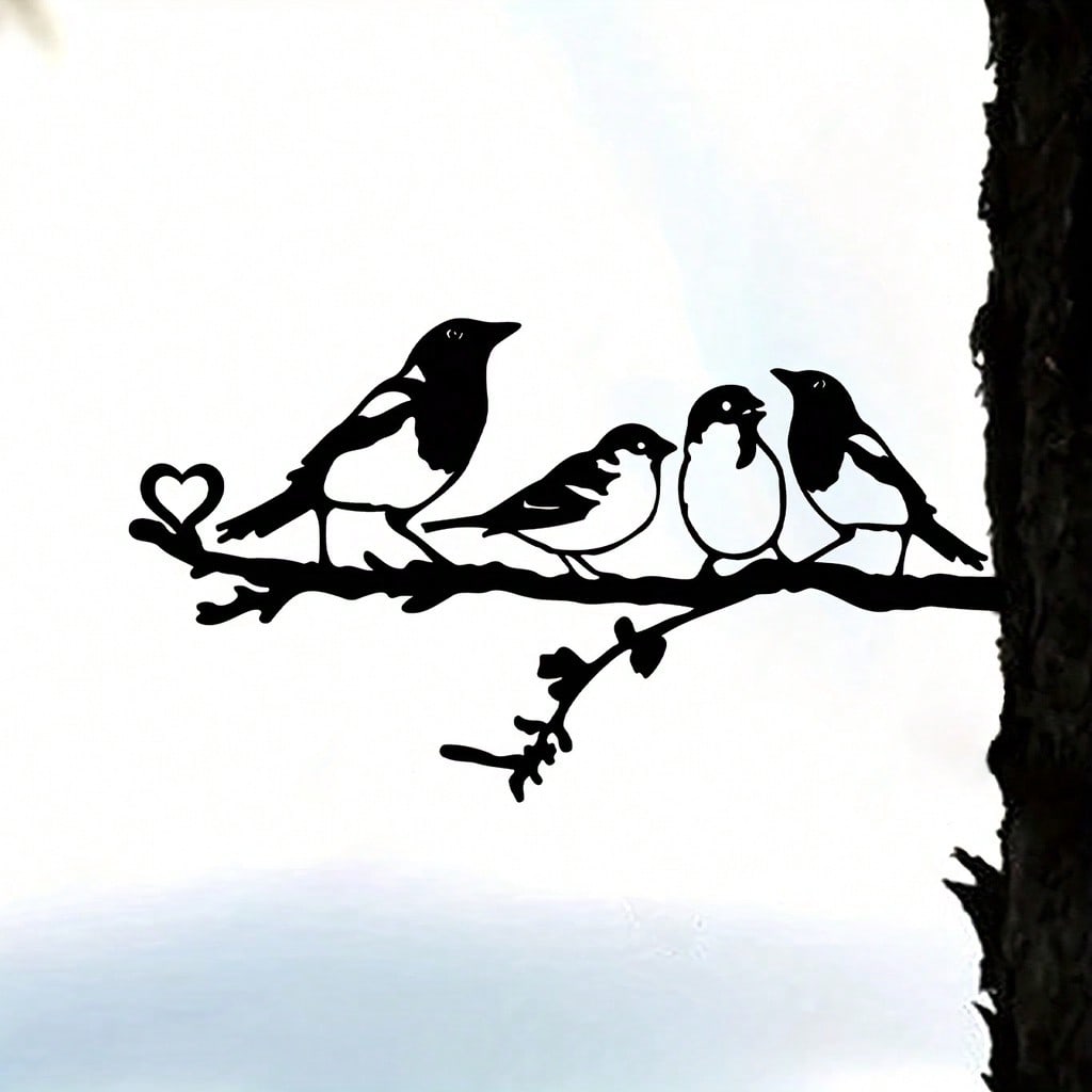 Four Birds On Branch Steel Silhouette Metal Wall Art Home Garden Yard Patio Outdoor Statue Stake Decoration Perfect