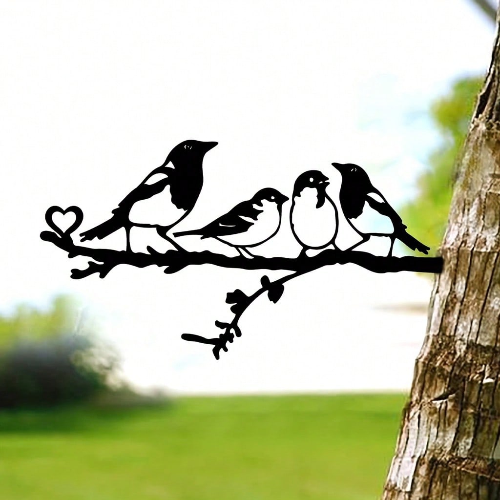 Four Birds On Branch Steel Silhouette Metal Wall Art Home Garden Yard Patio Outdoor Statue Stake Decoration Perfect Main image