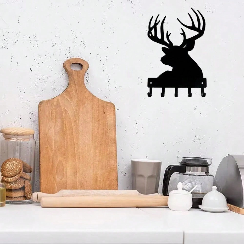 CIFBUY 6-9 Inch Metal Deer Head Key Holder, Wall Mounted Rustic Key Rack with Hooks for Coat and Keys Hanger