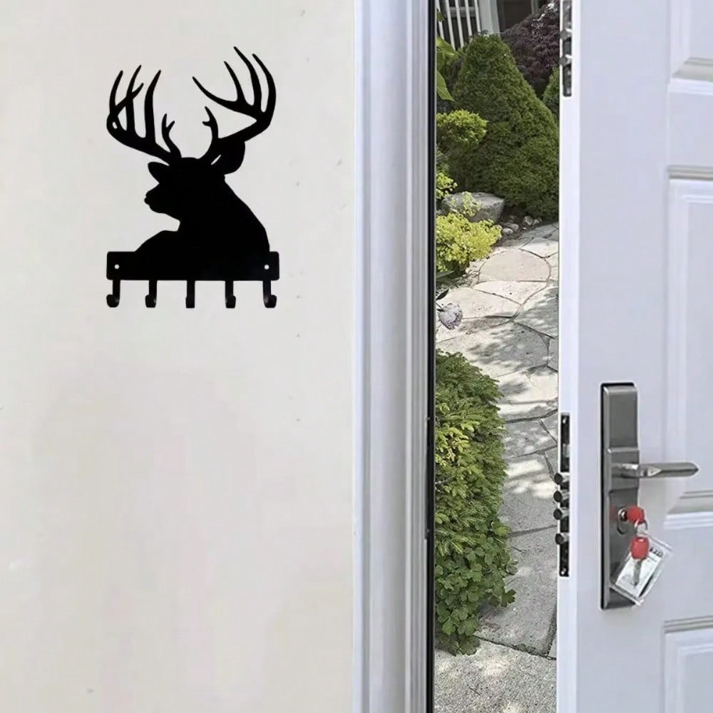 CIFBUY 6-9 Inch Metal Deer Head Key Holder, Wall Mounted Rustic Key Rack with Hooks for Coat and Keys Hanger