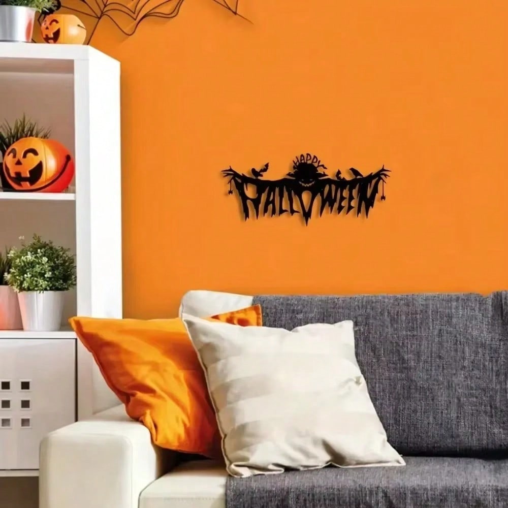 Classic Black Spooky Halloween Metal Wall Hanging, Indoor Living Room Decor for Themed Party