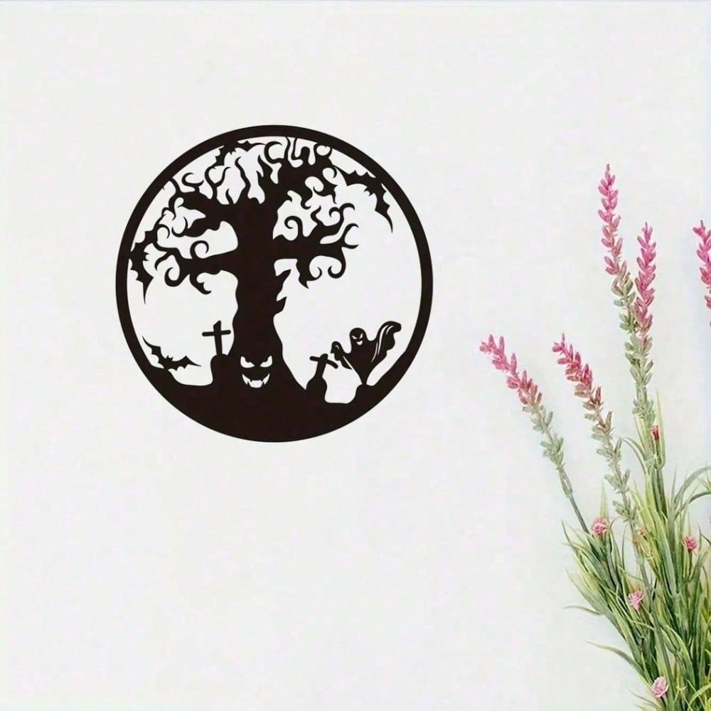 Gothic Tree of Life Metal Wall Art, Handcrafted Black Wrought Iron Hanging Decor for Altar, Indoor & Outdoor Use. Mystical ornament ideal for Halloween and housewarming gifts.