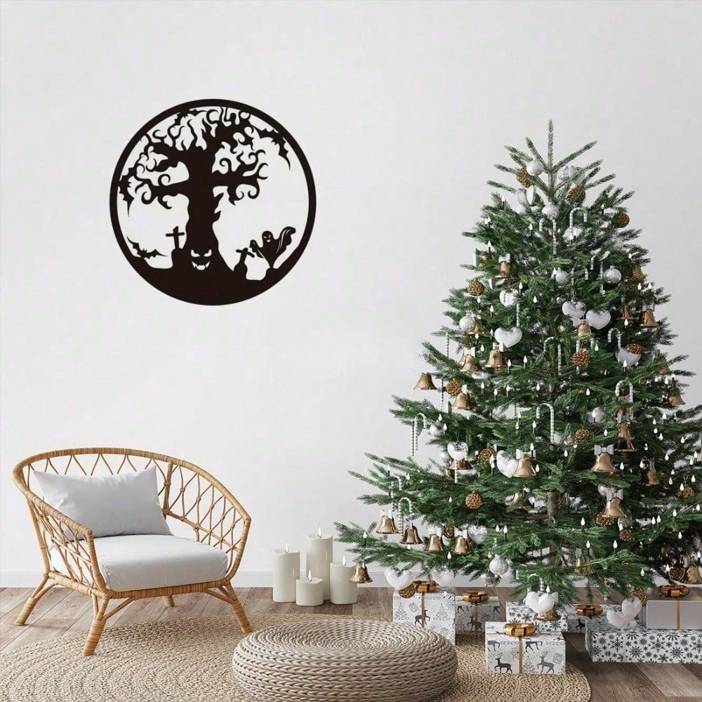 Gothic Tree of Life Metal Wall Art, Handcrafted Black Wrought Iron Hanging Decor for Altar, Indoor & Outdoor Use. Mystical ornament ideal for Halloween and housewarming gifts.