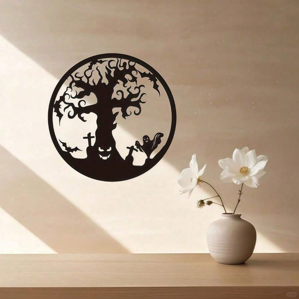 Gothic Tree of Life Metal Wall Art, Handcrafted Black Wrought Iron Hanging Decor for Altar, Indoor & Outdoor Use. Mystical ornament ideal for Halloween and housewarming gifts.