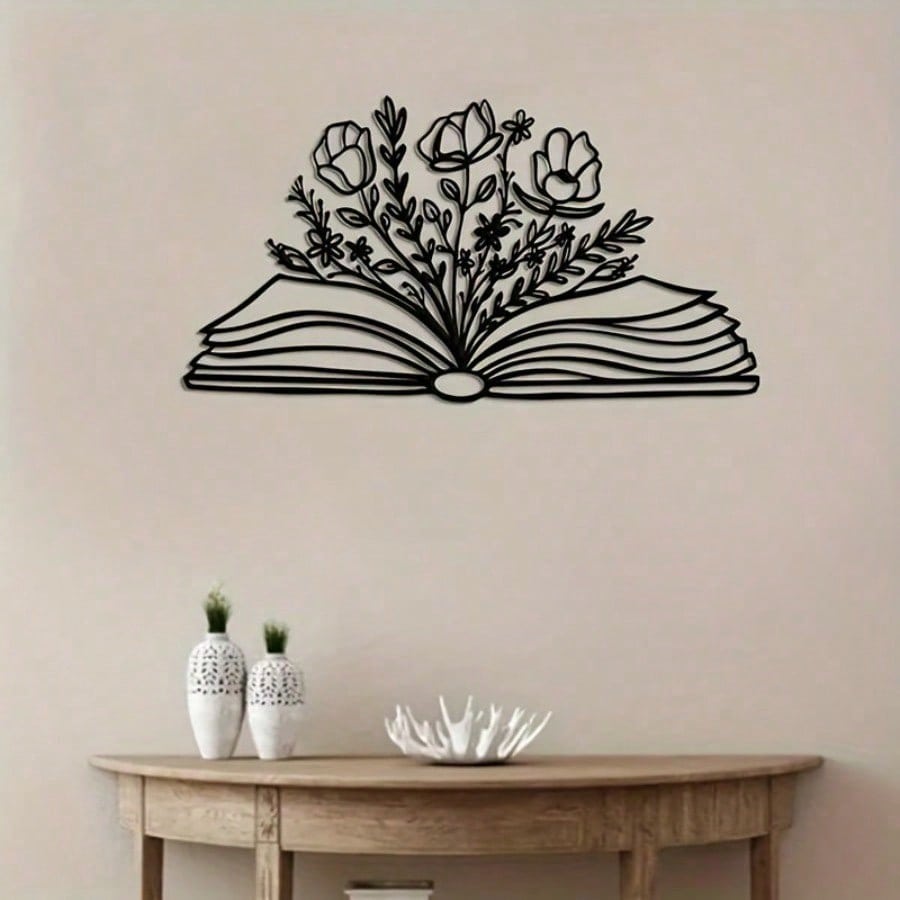 Floral Metal Book Shaped Wall Art Floral Sign Modern Wall Decor for Library Living Room Nursery Bedroom Ideal Gift for Book Lovers