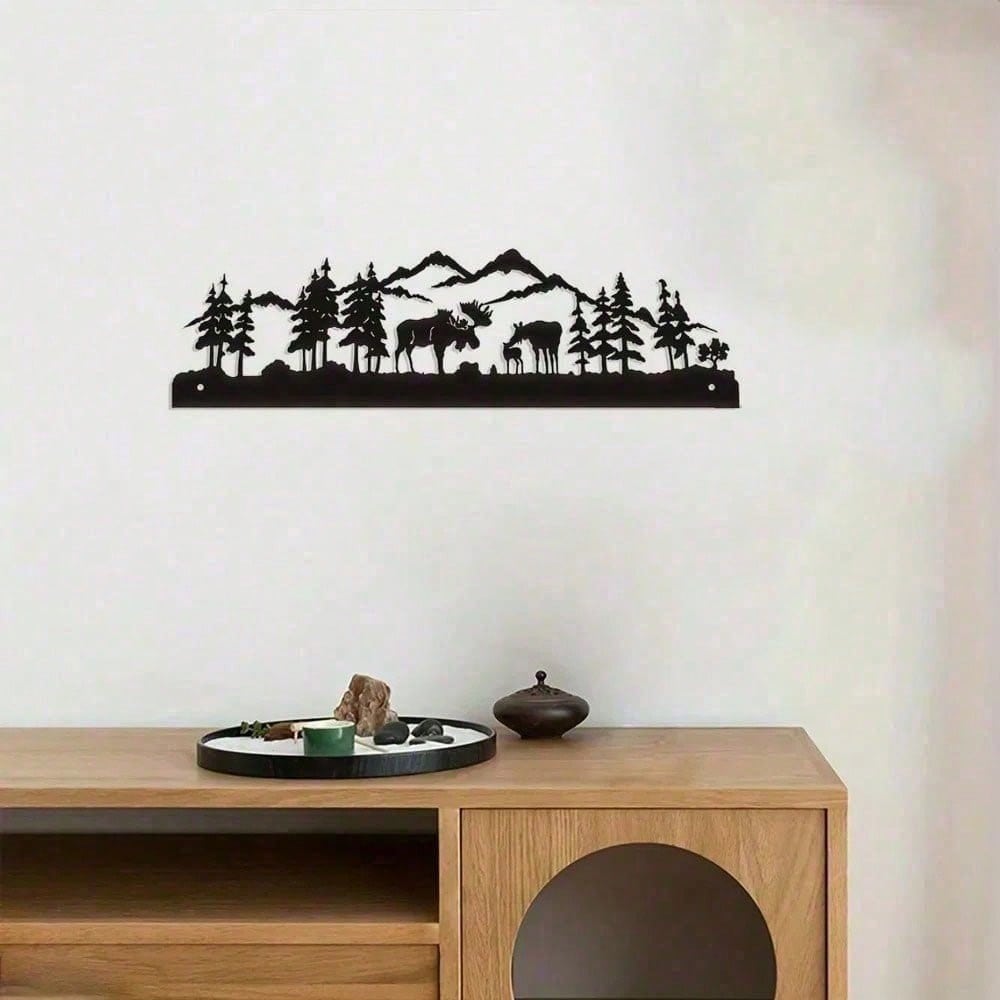 3D Moose Metal Wall Art, Winter Woodland Rustic Cabin Scene with Snowy Pines Starry Sky, Nordic Christmas Hanging Decor for Farmhouse Living Room Bedroom, Cozy Lodge Gift