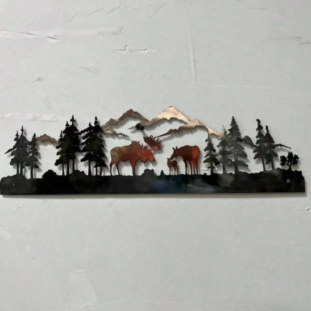 3D Moose Metal Wall Art, Winter Woodland Rustic Cabin Scene with Snowy Pines Starry Sky, Nordic Christmas Hanging Decor for Farmhouse Living Room Bedroom, Cozy Lodge Gift