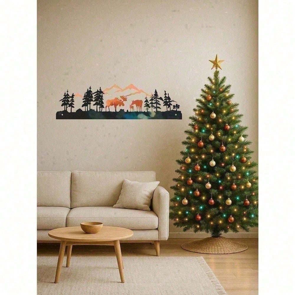 3D Moose Metal Wall Art, Winter Woodland Rustic Cabin Scene with Snowy Pines Starry Sky, Nordic Christmas Hanging Decor for Farmhouse Living Room Bedroom, Cozy Lodge Gift Main image