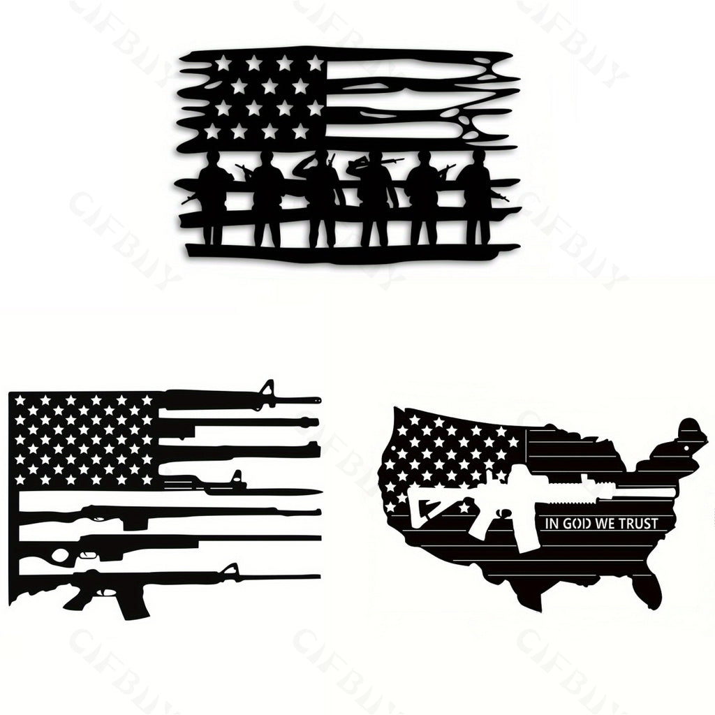 3pcs American Flag Gun Metal Wall Art - Durable Metal Construction, Wall-Mounted Design - Patriotic Independence Day Decor, 4th of July Gift, Classic Rugged Elegance for Home and Office, Statue Wall Decoration