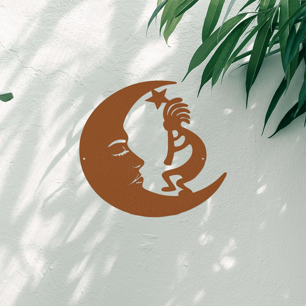 Unique Metal Wall Sculptures: Moon and Kokopelli - inspired Steel Sign, Ideal for Outdoor Areas to Add a Modern and Stylish Touch.