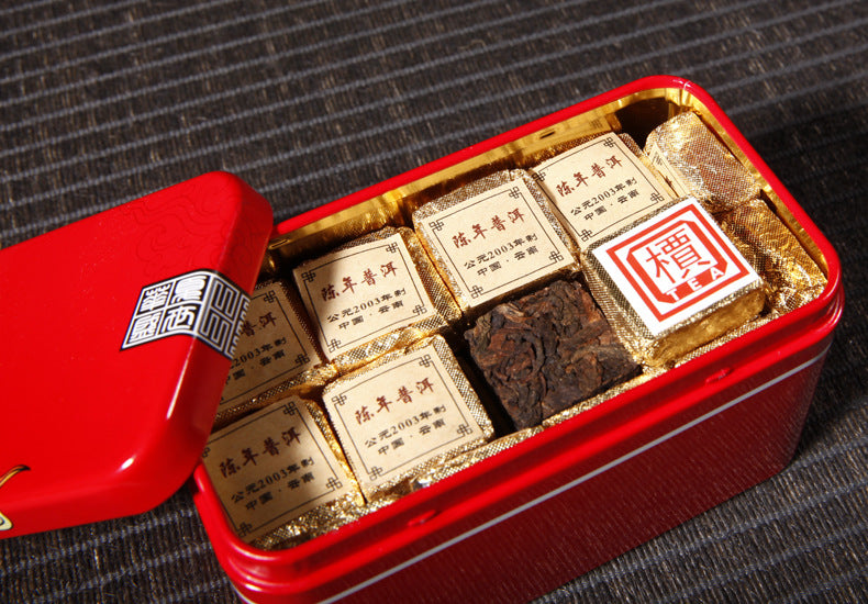 HelloYoung Ripe Puer Tea Brick Old Pu'er Black Tea Cooked Puerh Yellow Iron Box Yunnan 250g