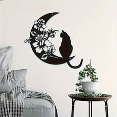 CIFbuy™ Alluring Metal Wall Ornaments - Mystical Black Cat & Celestial Moon with Intricate Moonflower Design, Perfect for Moon-Themed Wall Decor, Elevates Decor to Next Level, Iron Wall Sculptures.