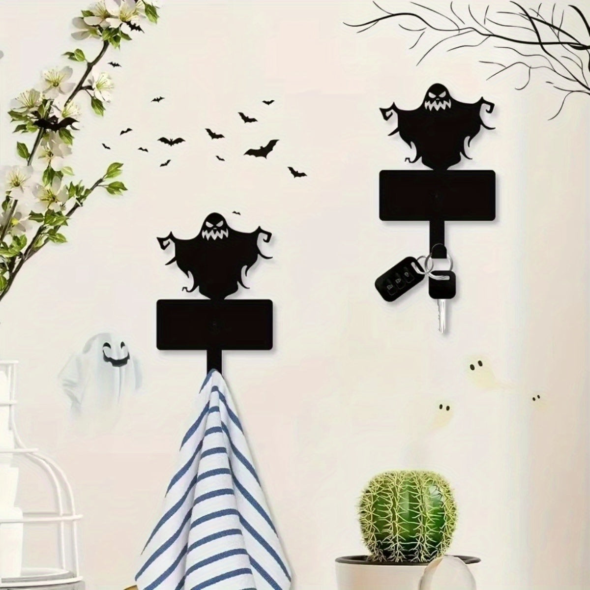 Enchanting 1pc Halloween Wall Decor Hooks: Metal Key Holder and Magical Ghost Metal Wall Hanger. A Coat Rack for Pet Leash.Wall Sculptures