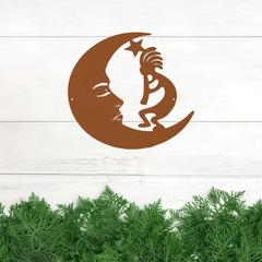Unique Metal Wall Sculptures: Moon and Kokopelli - inspired Steel Sign, Ideal for Outdoor Areas to Add a Modern and Stylish Touch.