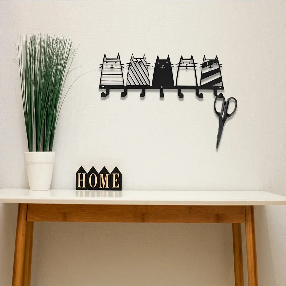 CIFbuy™ Iron Cat Wall Rack with 7 Hooks, Heavy-Duty Key & Coat Hanger for Entryway Decor, Rust-Resistant Metal Mounted Organizer - Functional Wall Sculptures.
