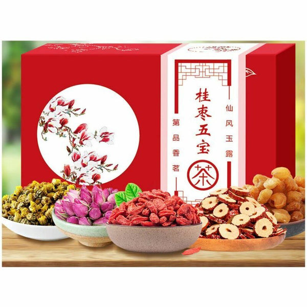 HelloYoungTea 120g Organic Five Treasure Tea Herbal Blend with Longan Goji Red Dates Rose Chrysanthemum