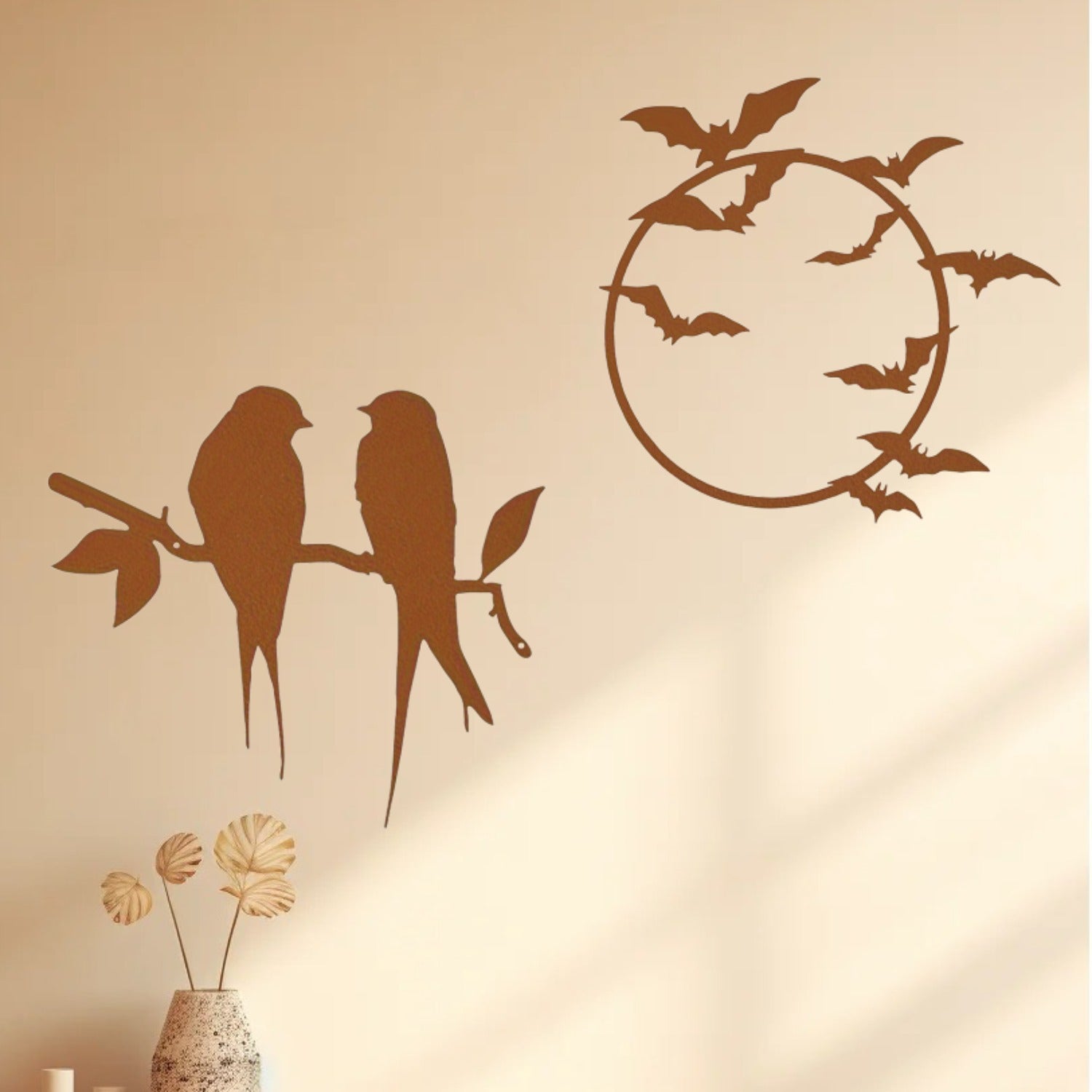 CIFbuy Antique-Style Rusty Bird Branch & Flying Bat Metal Wall Art - Decorative Iron Sculpture for Dorms, Restaurants & Bedrooms - Unique Design for Artistic Home Enhancement Wall Sculptures.