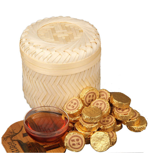 HelloYoung Small Golden Cake Premium Bamboo Basket Ripe Puer High Quality Puerh Tea 500g