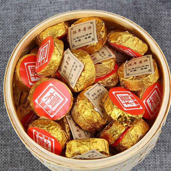 HelloYoung Small Golden Cake Premium Bamboo Basket Ripe Puer High Quality Puerh Tea 500g