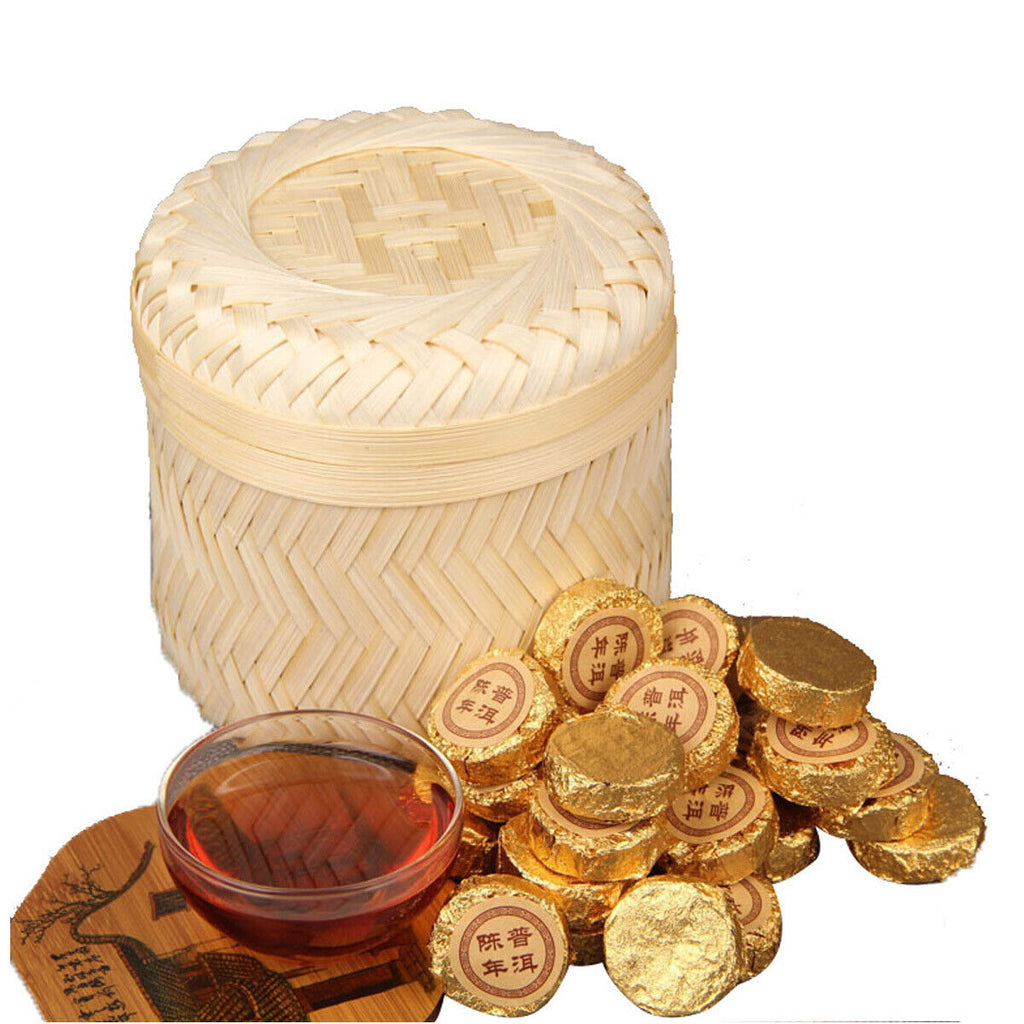 HelloYoung Small Golden Cake Premium Bamboo Basket Ripe Puer High Quality Puerh Tea 500g