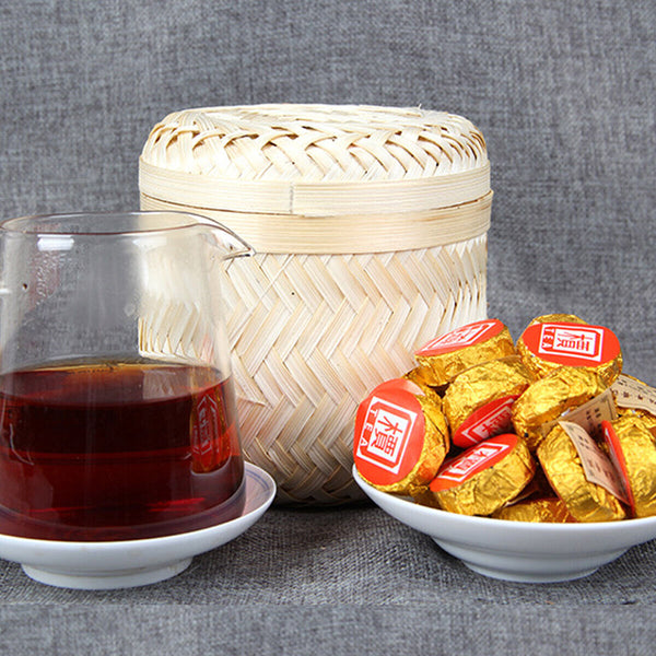 HelloYoung Small Golden Cake Premium Bamboo Basket Ripe Puer High Quality Puerh Tea 500g