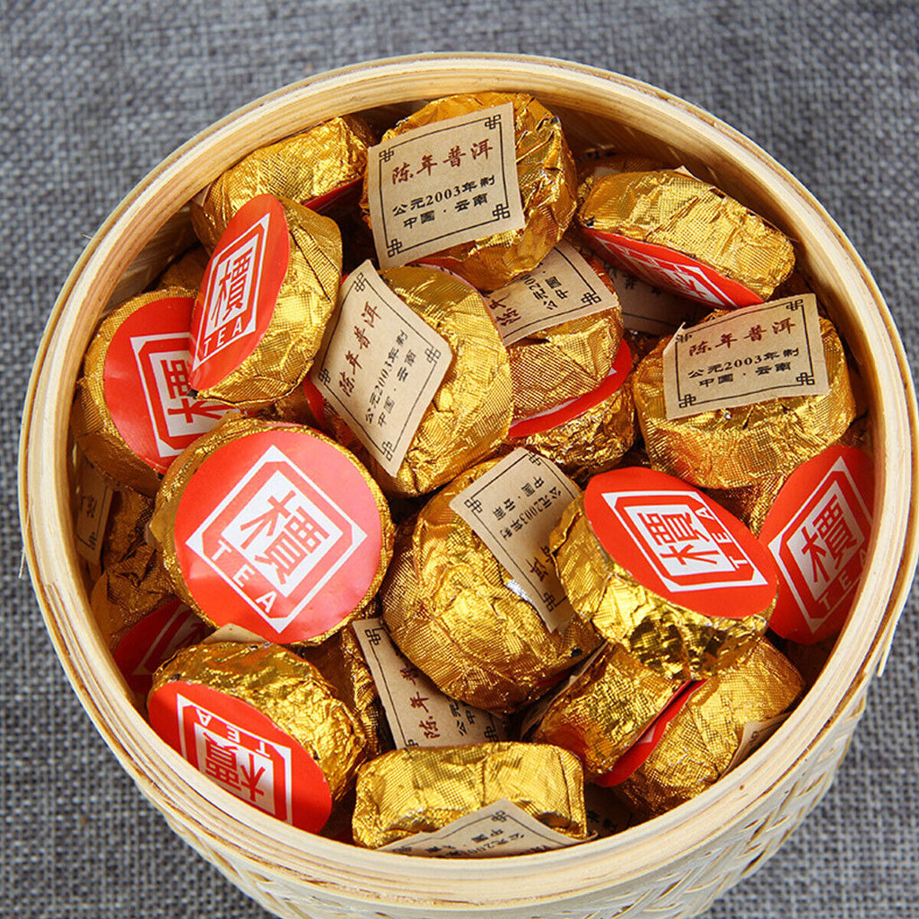 HelloYoung Small Golden Cake Premium Bamboo Basket Ripe Puer High Quality Puerh Tea 500g