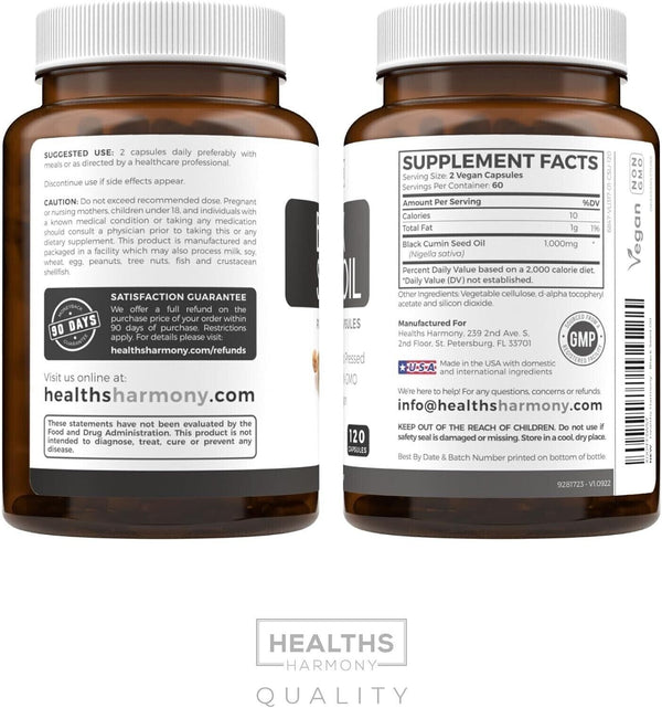 Healths Harmony Black Seed Oil Softgel Capsules (NON-GMO & Vegan)