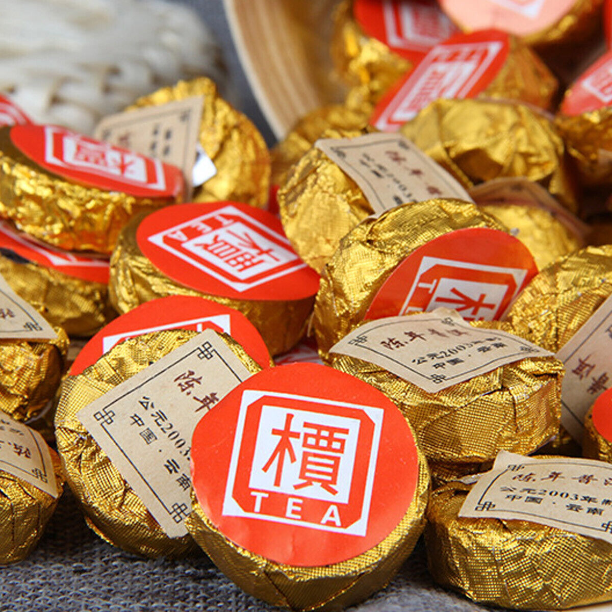 HelloYoung Small Golden Cake Premium Bamboo Basket Ripe Puer High Quality Puerh Tea 500g