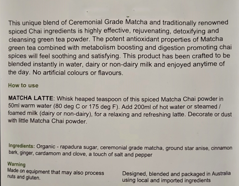 ORGANIC Matcha Green Tea Powder mixed with Chai Latte spices -100g - Matcha Chai Secondary image