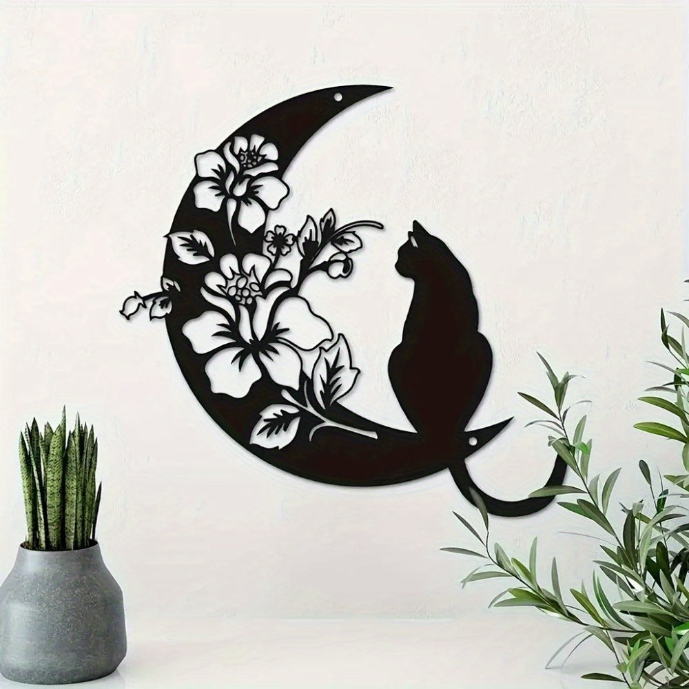 CIFbuy™ Alluring Metal Wall Ornaments - Mystical Black Cat & Celestial Moon with Intricate Moonflower Design, Perfect for Moon-Themed Wall Decor, Elevates Decor to Next Level, Iron Wall Sculptures.
