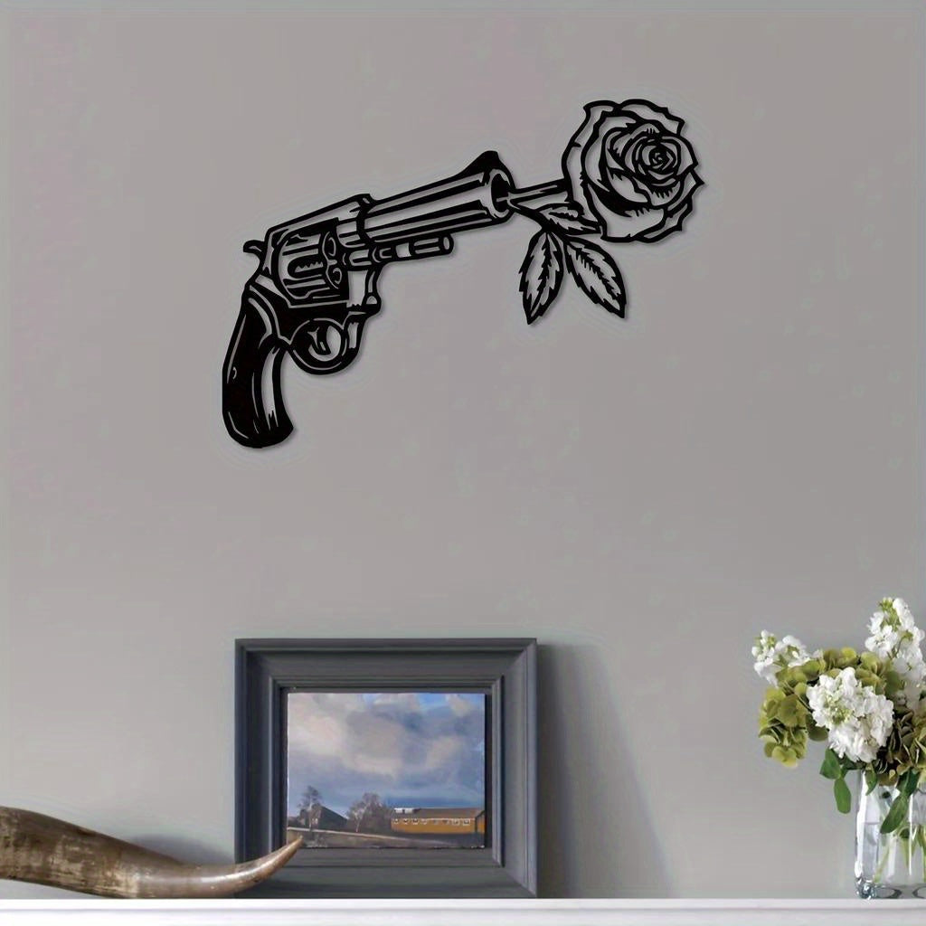 CIFbuy™ Stunning Iron Artfully Crafted Rose & Revolver Metal Wall Sign - Geometric-Cut Sculptures for Bedroom, Perfect for Year-Round & Christmas Home Decor, Unique Beauty Blend - Wall Sculptures.