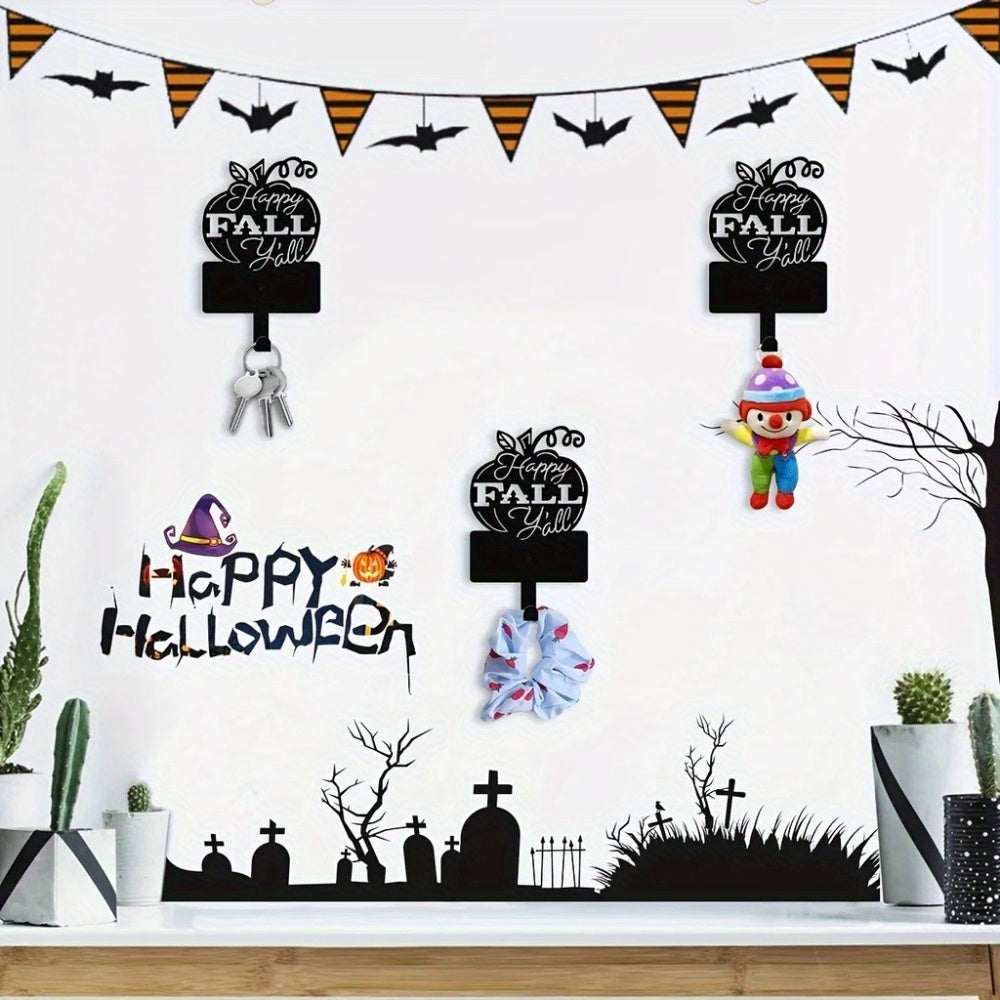 HelloYoung "Happy Fall" Pumpkin Metal Wall Hooks - Cute Shaped Multi-use Key Holder & Pet Leash Hanger, Festive Autumn Utility Hooks, Ideal Entryway Kitchen Decor, Durable Hanging Organizer with Charm