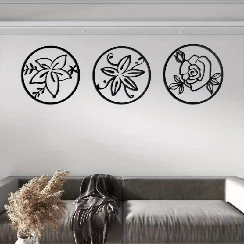 Elegant 3-Piece Metal Floral Wall Art Set - Minimalist Design for Contemporary Living Spaces & Housewarming Gifts.Wall Sculptures