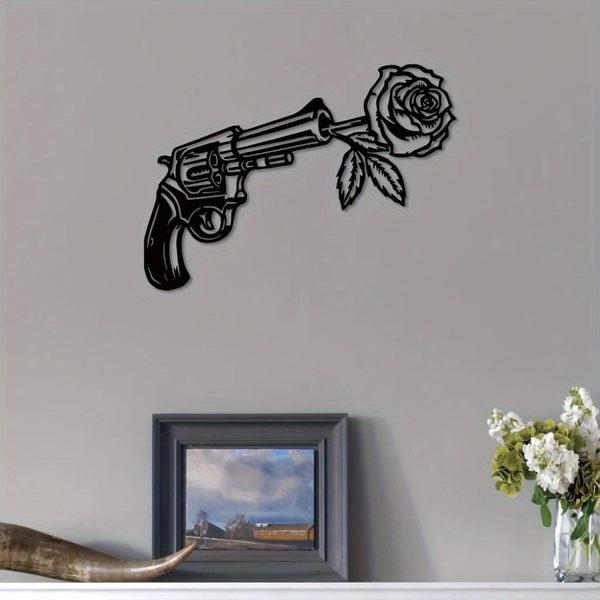 CIFbuy™ Stunning Iron Artfully Crafted Rose & Revolver Metal Wall Sign - Geometric-Cut Sculptures for Bedroom, Perfect for Year-Round & Christmas Home Decor, Unique Beauty Blend - Wall Sculptures.