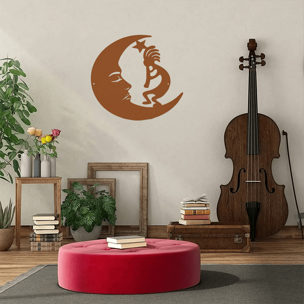 Unique Metal Wall Sculptures: Moon and Kokopelli - inspired Steel Sign, Ideal for Outdoor Areas to Add a Modern and Stylish Touch.