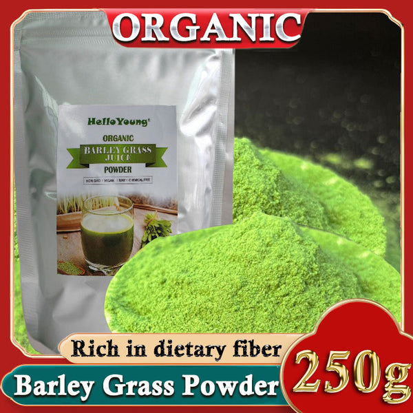HelloYoung Organic Barley Grass Powder 250g, Green Superfood for Smoothie RAW, GREENISH LIKE LEAVES, NO PRESERVATIVE,NON GMO