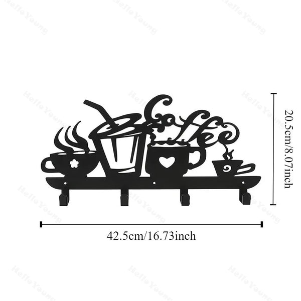 CIFbuy™ Metal Coffee Cup Key Holder - 5 Hook Wall-Mounted Organizer Rack for Living Room, Elegant Wrought Iron Home Decor with Stylish Sign Design, Collectible Figurines.