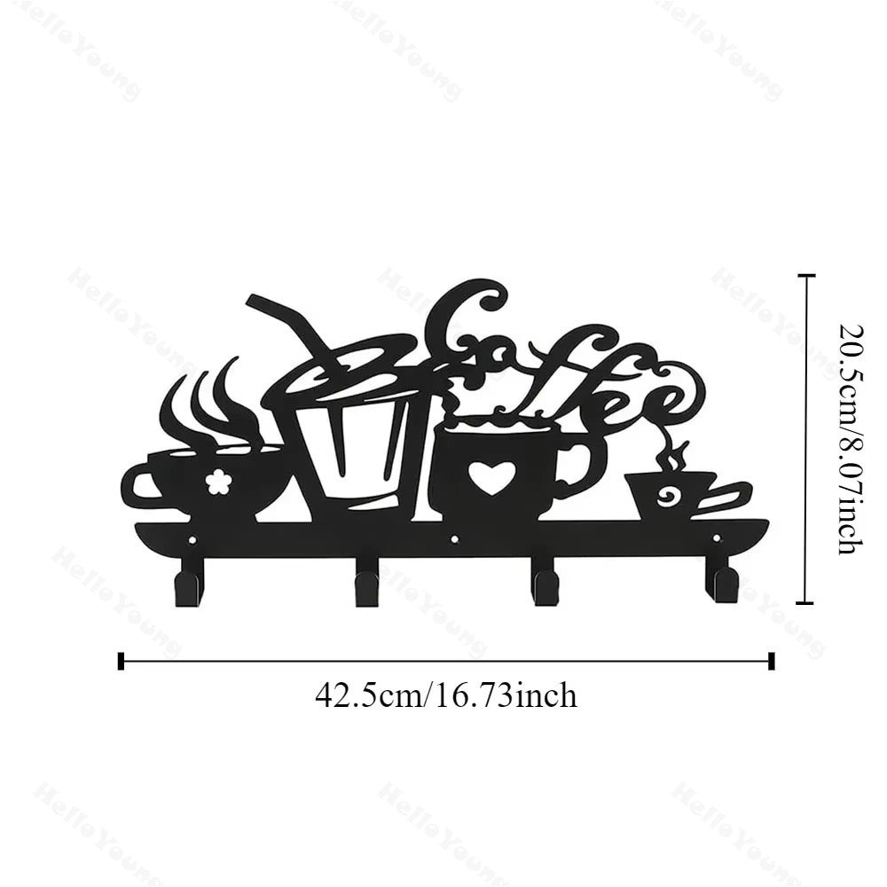 CIFbuy™ Metal Coffee Cup Key Holder - 5 Hook Wall-Mounted Organizer Rack for Living Room, Elegant Wrought Iron Home Decor with Stylish Sign Design, Collectible Figurines.