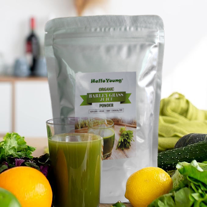HelloYoung Organic Barley Grass Powder 250g, Green Superfood for Smoothie RAW, GREENISH LIKE LEAVES, NO PRESERVATIVE,NON GMO
