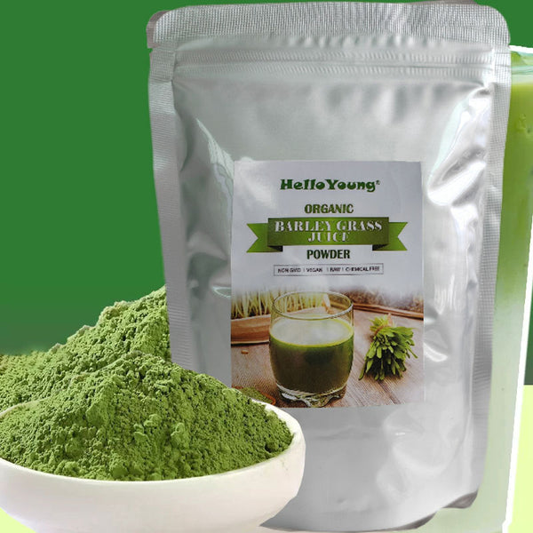 HelloYoung Organic Barley Grass Powder 250g Non-GMO, Finely Ground Whole Dried Young Leaves, Pure, Kosher, Vegan, Bulk. Good Source of Fiber, Protein. Great for Juices, Smoothies, Shakes, Yogurts