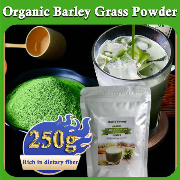HelloYoung Unsweetened Premium Organic Barley Grass Powder 250g Mix into Smoothie or Juice I RAW, GREENISH LIKE LEAVES, NO PRESERVATIVE,NON GMO