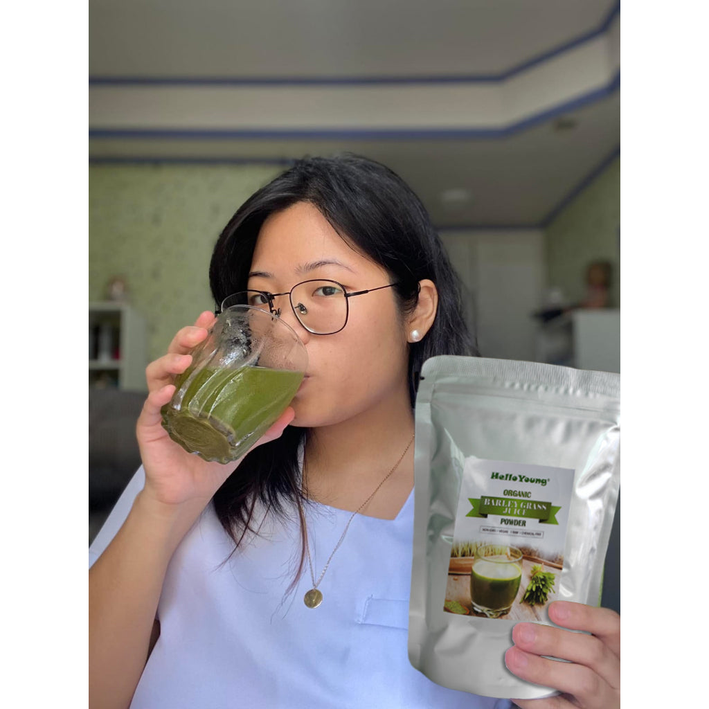 HelloYoung Organic Barley Grass Powder original 250g moistening intestines, RAW, Non-GMO, Finely Ground Whole Dried Young Leaves, Pure, Kosher