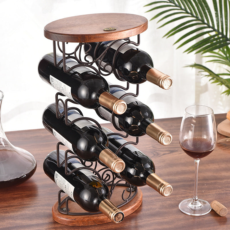 G- style Wooden Stable Wine rack oval wooden bottom iron art six bottle wine rack dining table wine cabinet decoration Main image