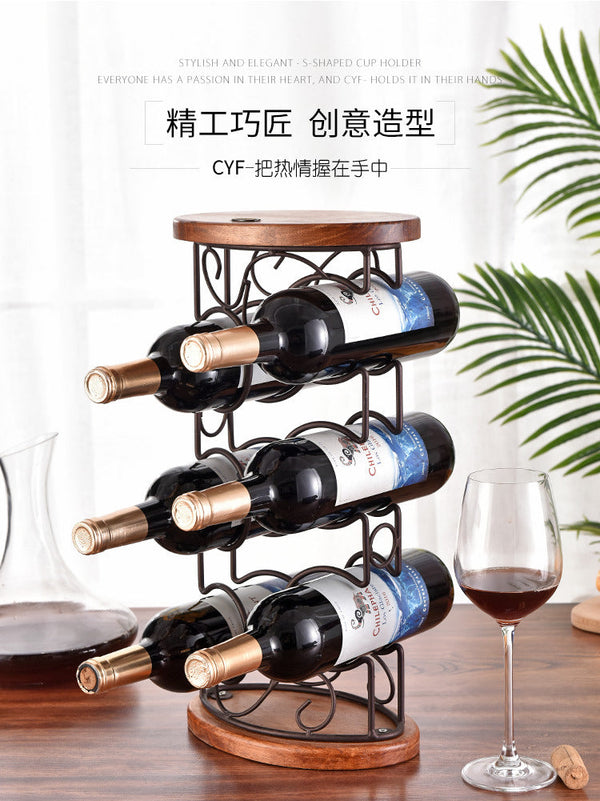 G- style Wooden Stable Wine rack oval wooden bottom iron art six bottle wine rack dining table wine cabinet decoration