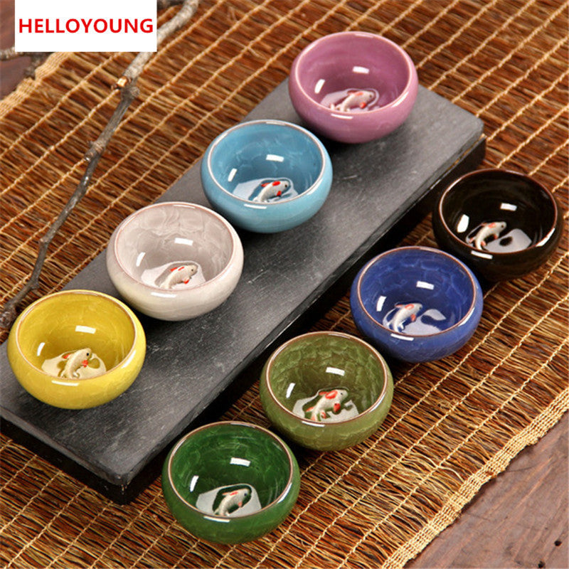 CJ272 Colorful Ice-Crackle Porcelain 8 Colors Tea Cup With Fish Pattern Ceramic Ceramic Kung fu Tea Set China porcelana tea se